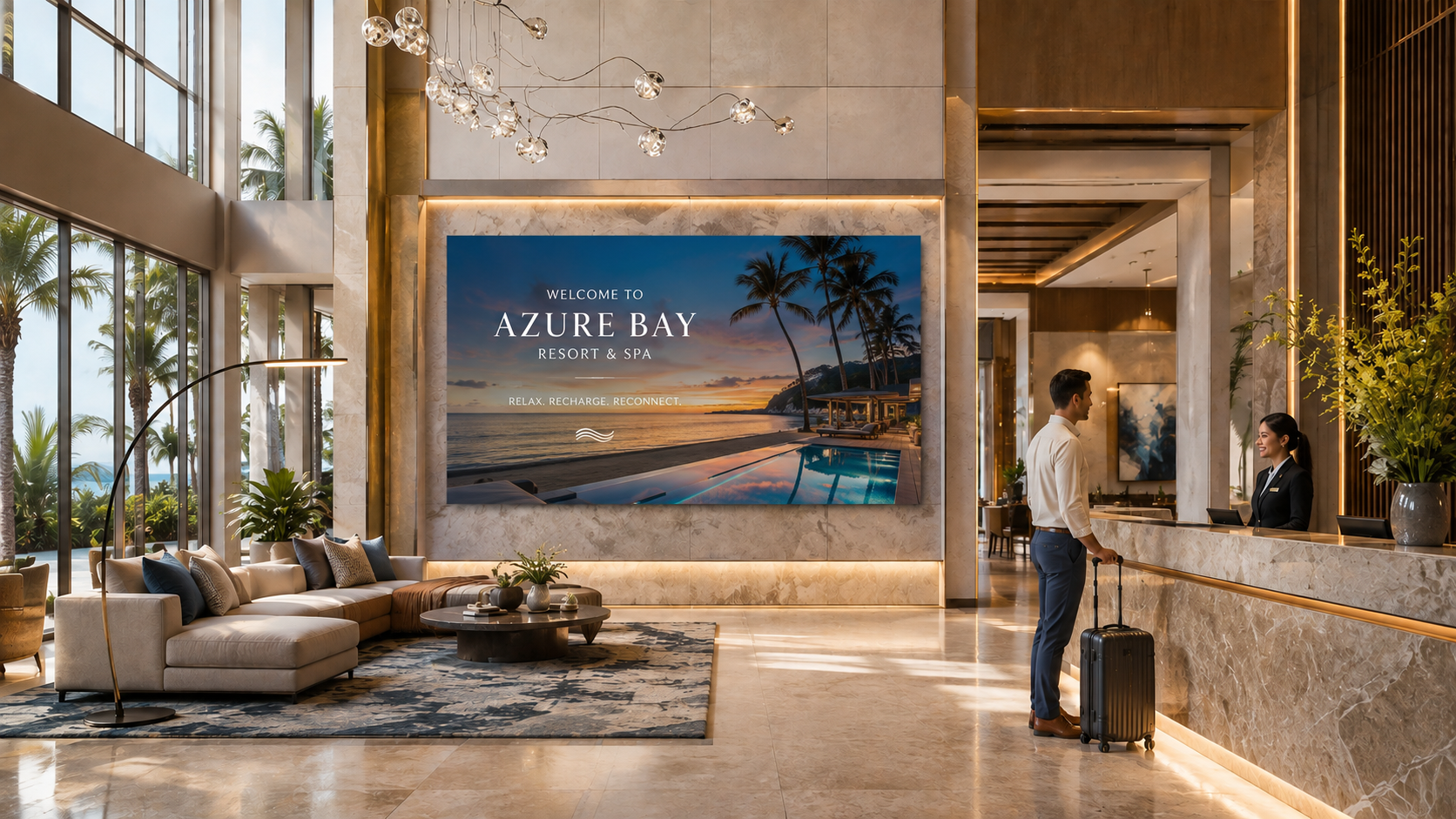 Luxury hotel lobby featuring an LG All-in-One LED video wall displaying digital hospitality content.