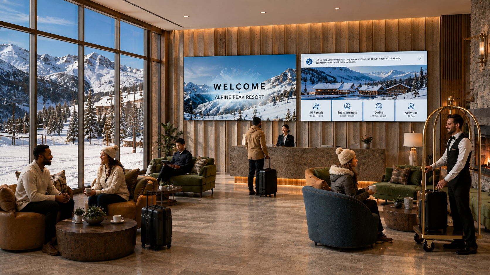 Modern hotel lobby showcasing an LG All-in-One LED display for hospitality digital signage and guest messaging.