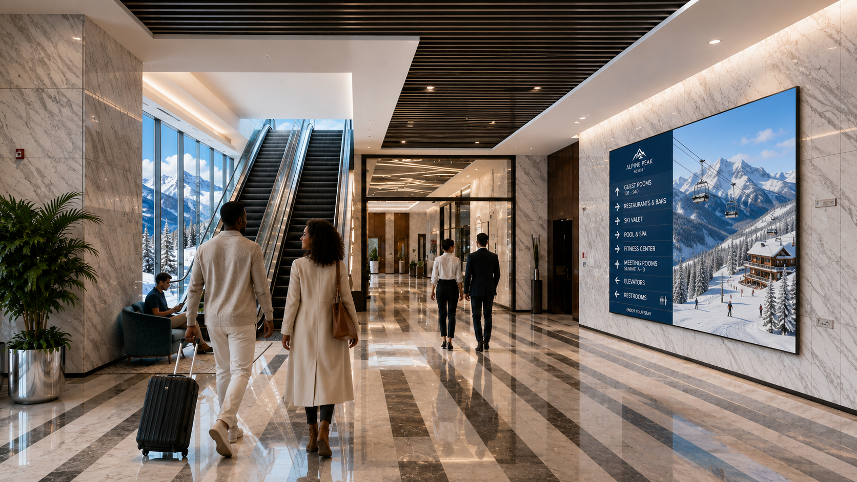 Luxury resort lobby featuring a large LG commercial LED video wall for hotel branding and promotions.