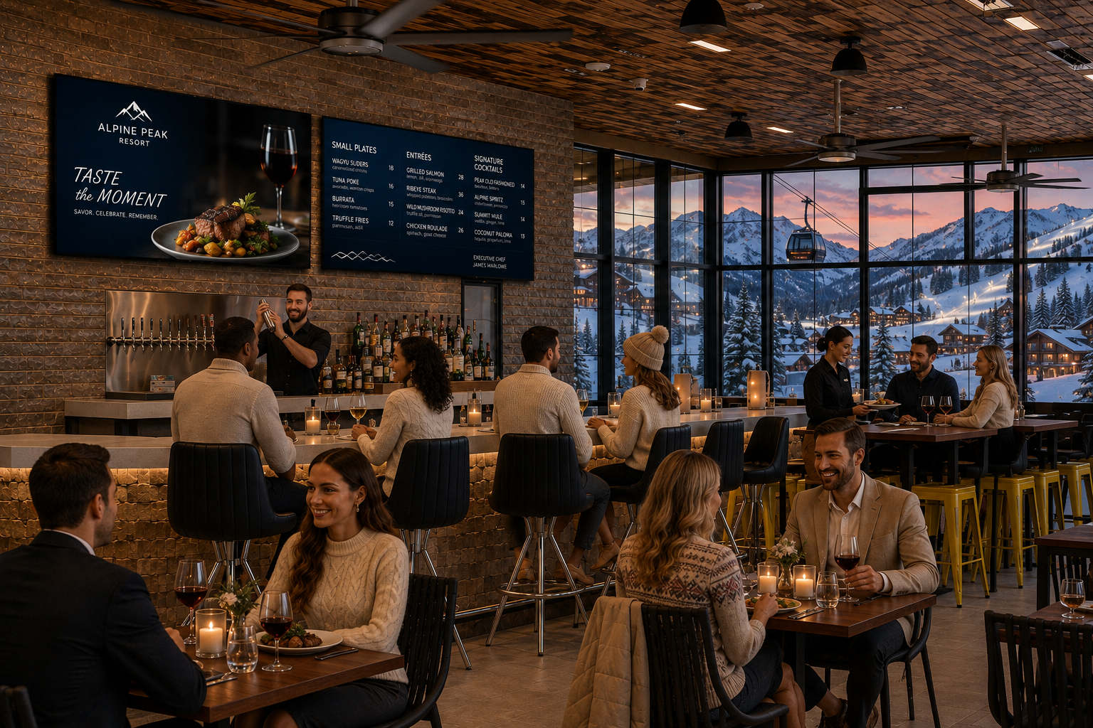 Upscale hotel restaurant featuring an LG All-in-One LED display promoting dining specials and digital content.